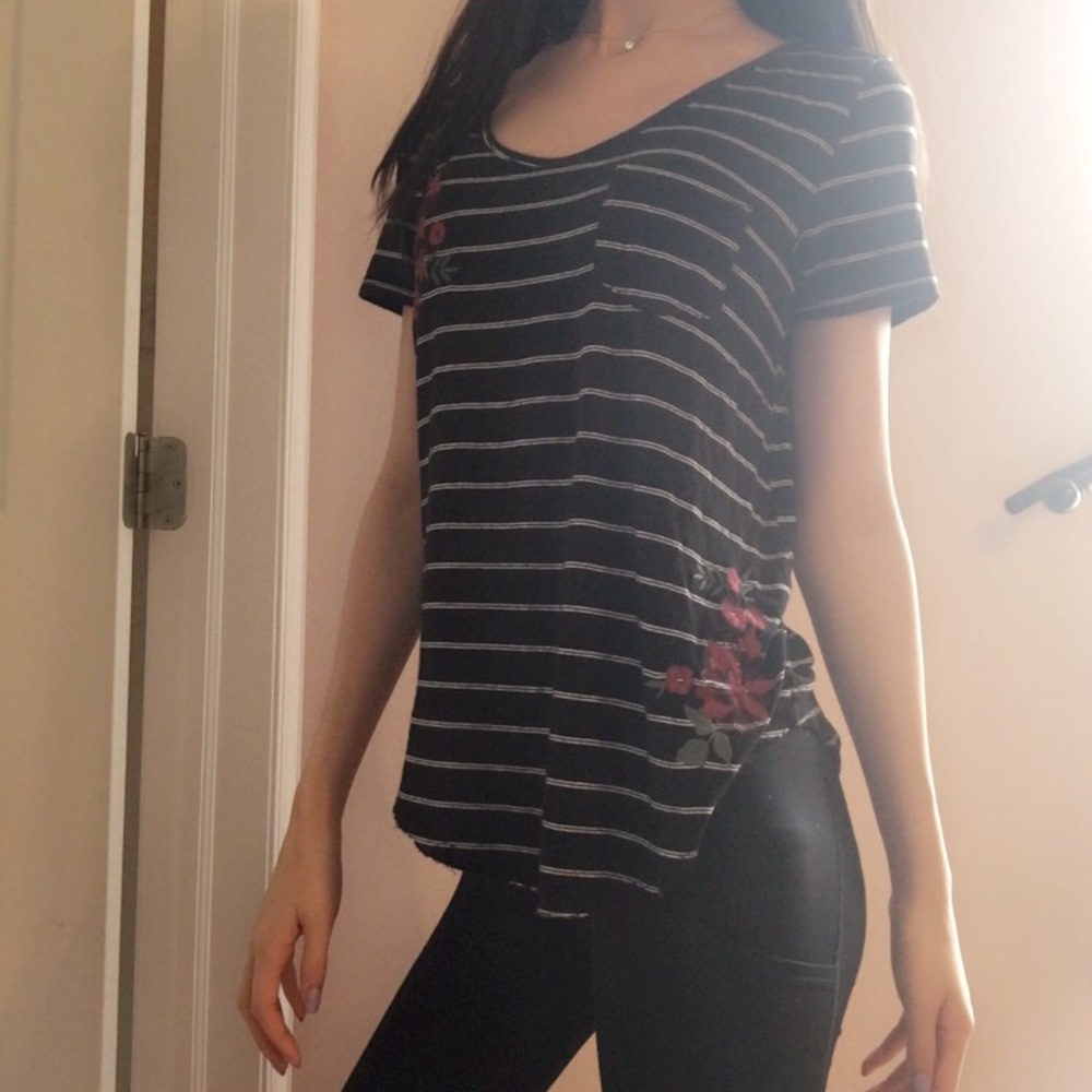 Hollister- Striped T-Shirt w/ Roses